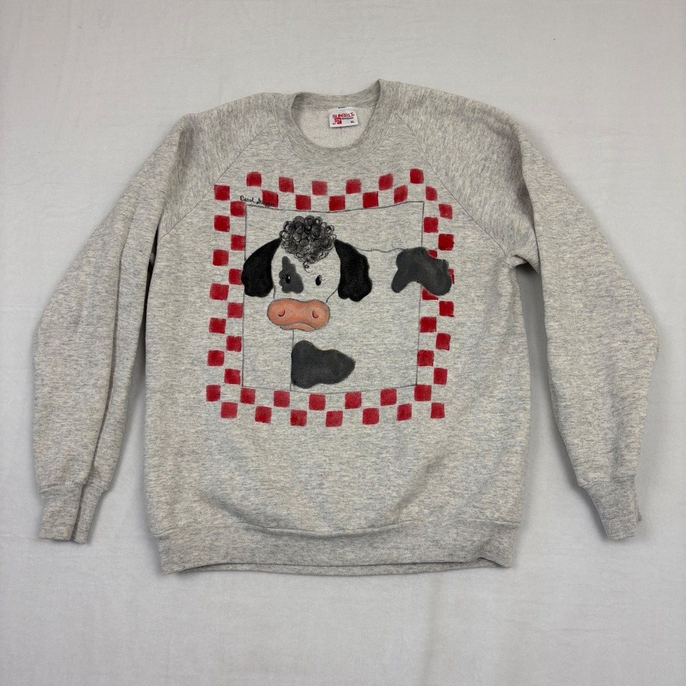 Vintage Sunbelt Sportswear Cow Graphic Sweatshirt Gray Raglan XL Carol Steiger